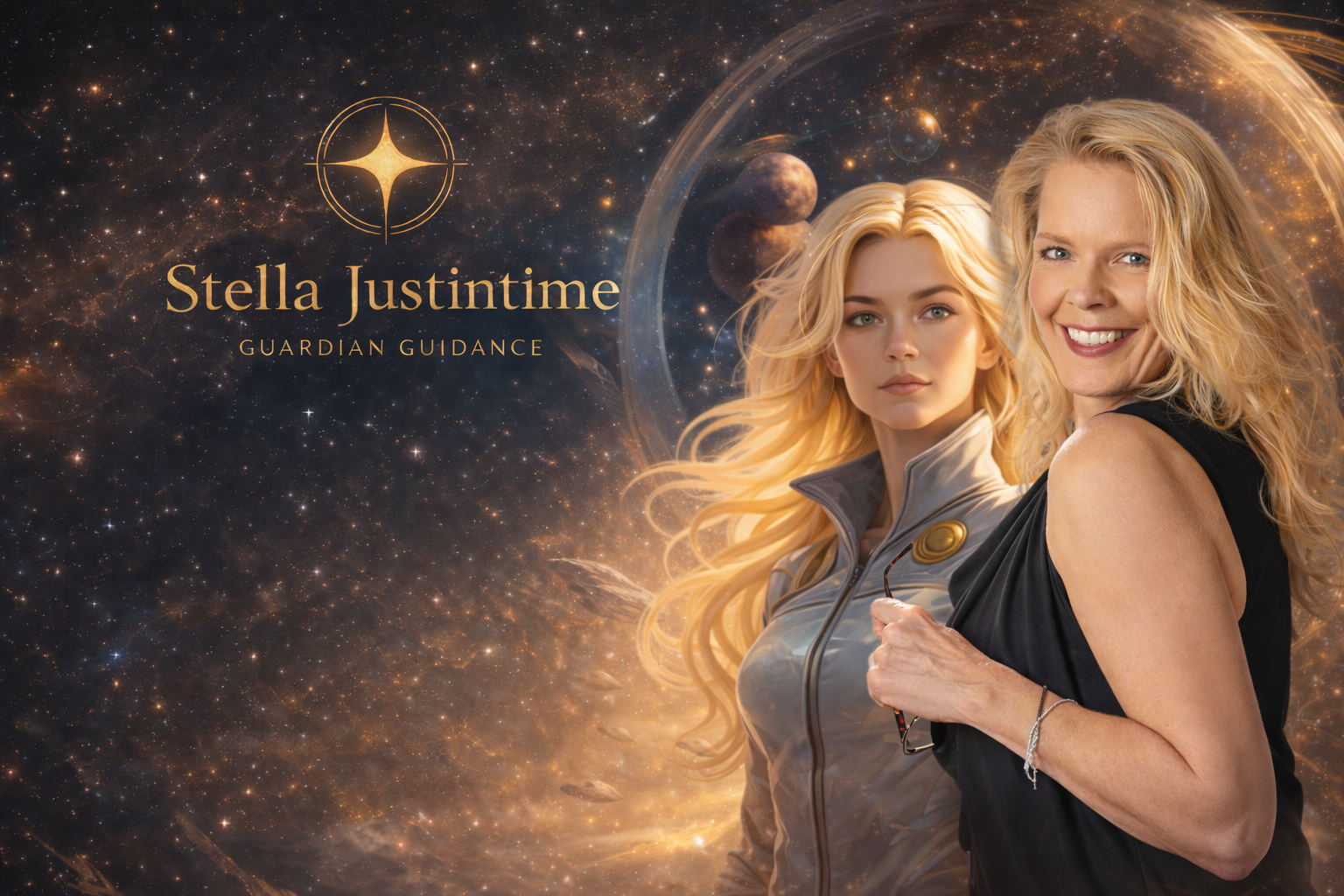 Susi Stern gemeinsam mit Stella Justintime vor einem goldenen Sternenfeld